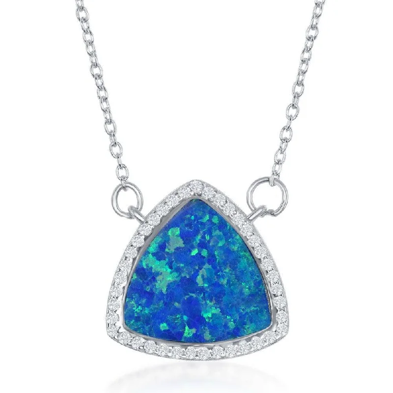 Ladies necklaces tight chokers-Sterling Silver Blue Inlay Opal Triangle with CZ Border Necklace