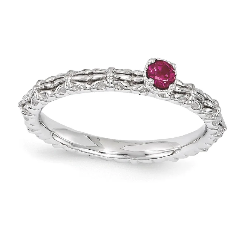 Ladies rings star motifs-Sterling Silver Stackable Created Ruby Round Single Stone Ring