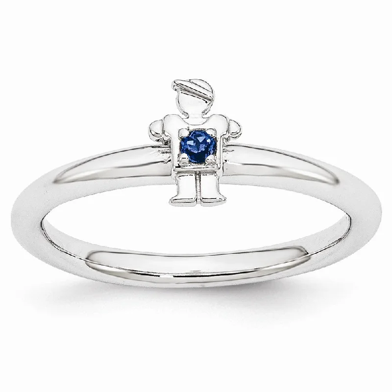 Ladies rings vintage appeal-Rhodium Plated Sterling Silver Stackable Created Sapphire 7mm Boy Ring