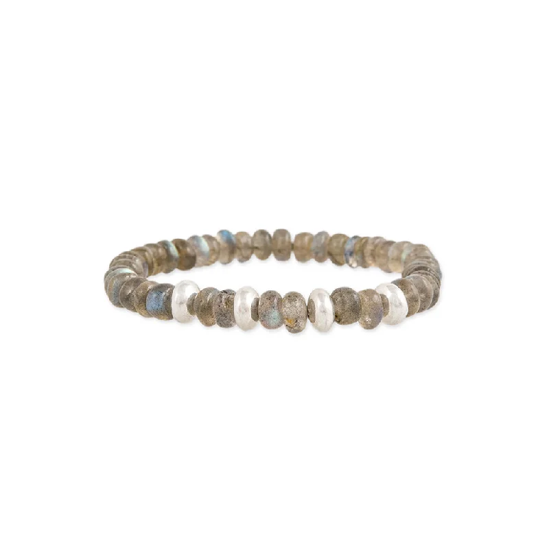 Ladies bracelets heartfelt keepsakes-4 SPACED OUT STERLING SILVER BEADS + LABRADORITE BEADED STRETCH BRACELET