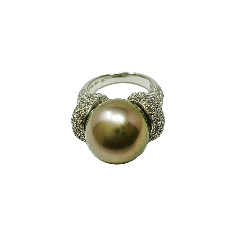 Ladies rings ethnic patterns-18K White Gold Ring with Tahitian Pearl and Diamonds