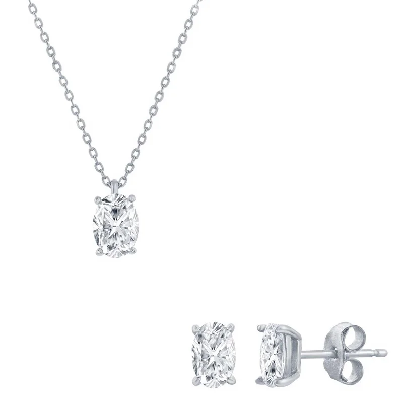 Ladies necklaces purchase guide-Classic Women's Necklace and Earrings Set - Silver Solitaire Oval White CZ | SET-618