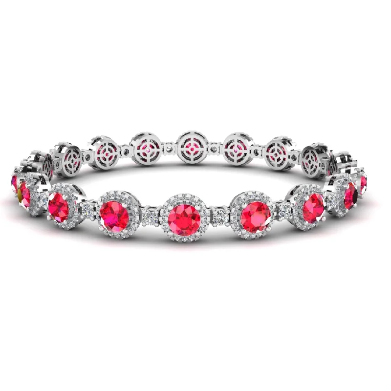 Ladies bracelets standout designs-Round Brilliant Shape 8.5 Carat Ruby Center Featuring Diamond Halo Bracelet BRHARBR