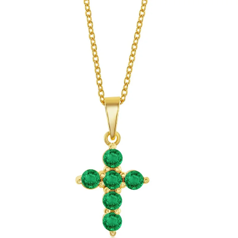 Ladies necklaces artistic designs-Classic Women's Necklace - Sterling Silver Gold Plated Emerald Cross | M-6825