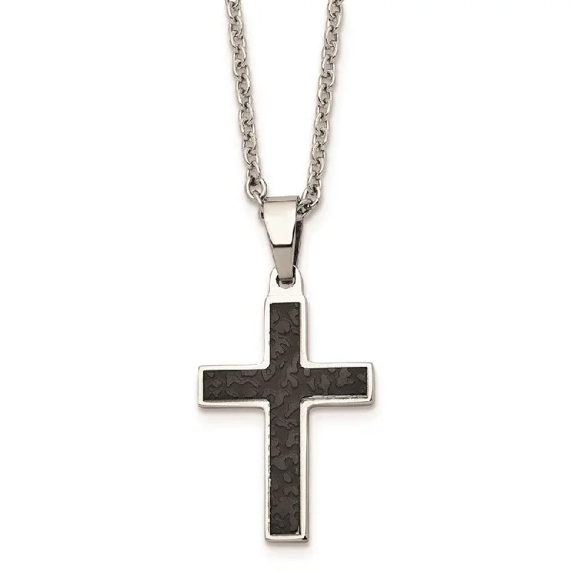 Ladies necklaces shopping sites-Stainless Steel Polished and Textured Black IP-plated Cross Necklace