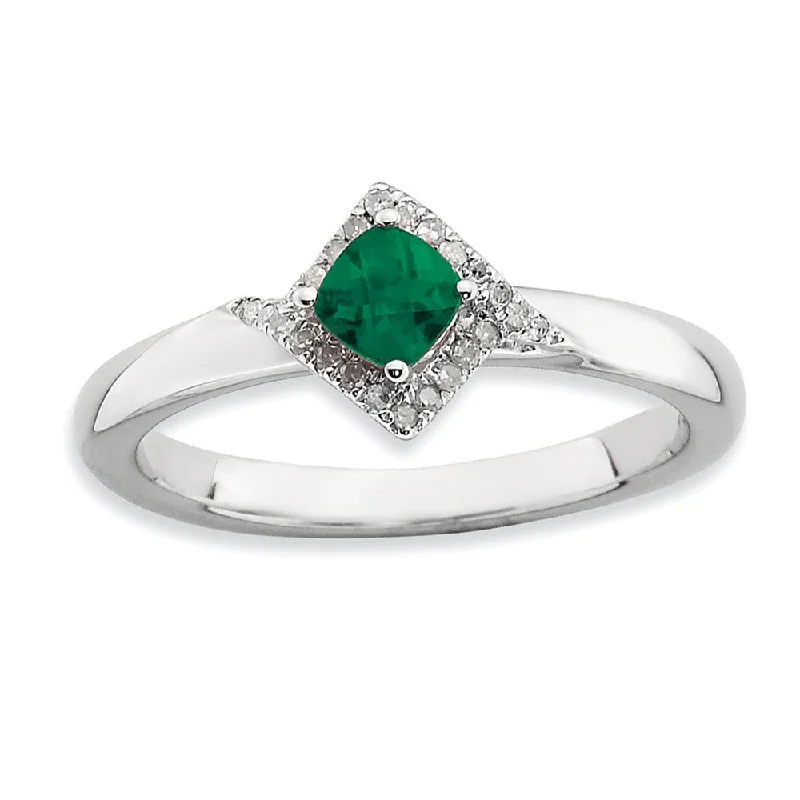 Ladies rings natural stones-Stackable Created Emerald & .10 Ctw HI/I3 Diamond Sterling Silver Ring