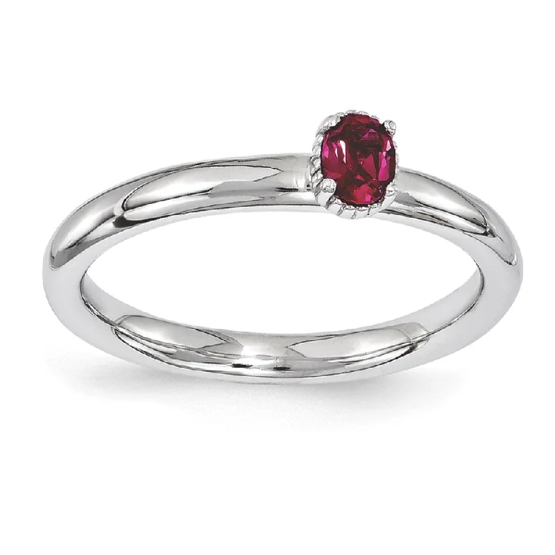 Ladies rings holiday gifts-Sterling Silver Stackable Created Ruby Oval Single Stone Ring