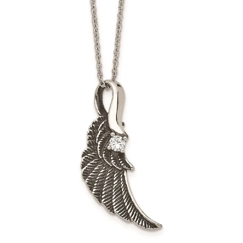 Ladies necklaces name engravings-Stainless Steel Antiqued and Polished with Crystal Wing Necklace