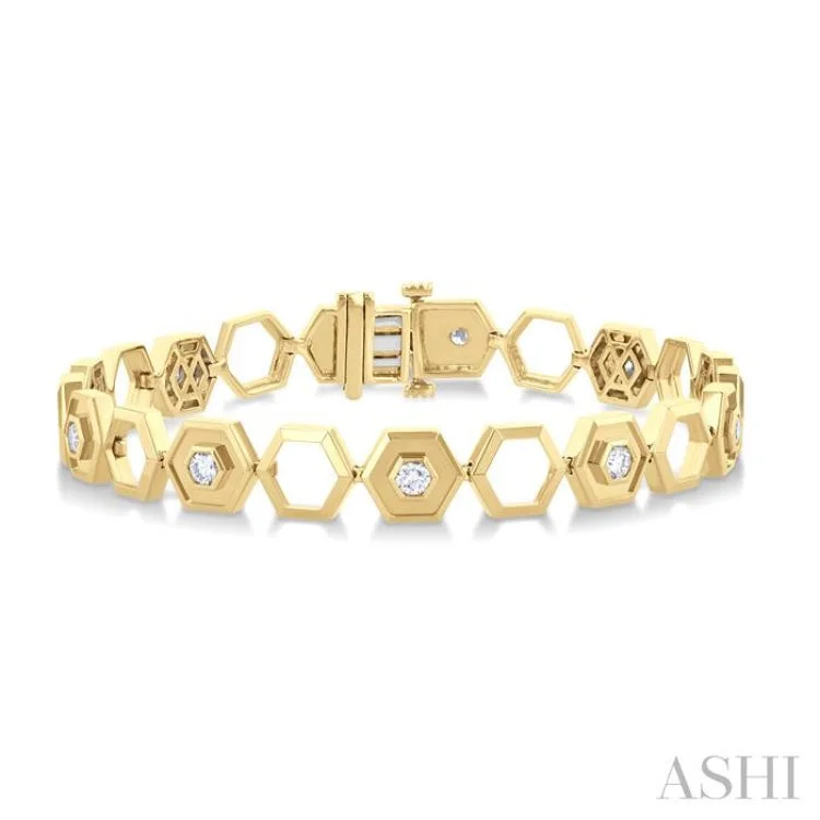 Ladies bracelets white gold-3/4 ctw Double & Open Window Hexagon Round Cut Diamond Fashion Bracelet in 14K Yellow Gold