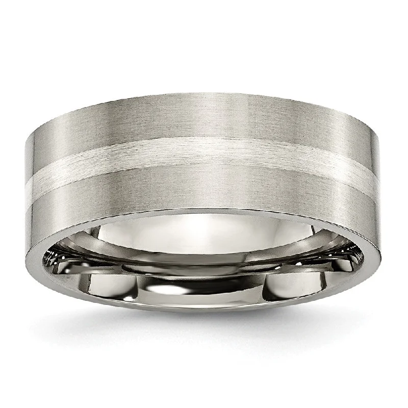 Ladies rings wedding accessories-Titanium & Sterling Silver Inlay, 8mm Satin Flat Comfort Fit Band