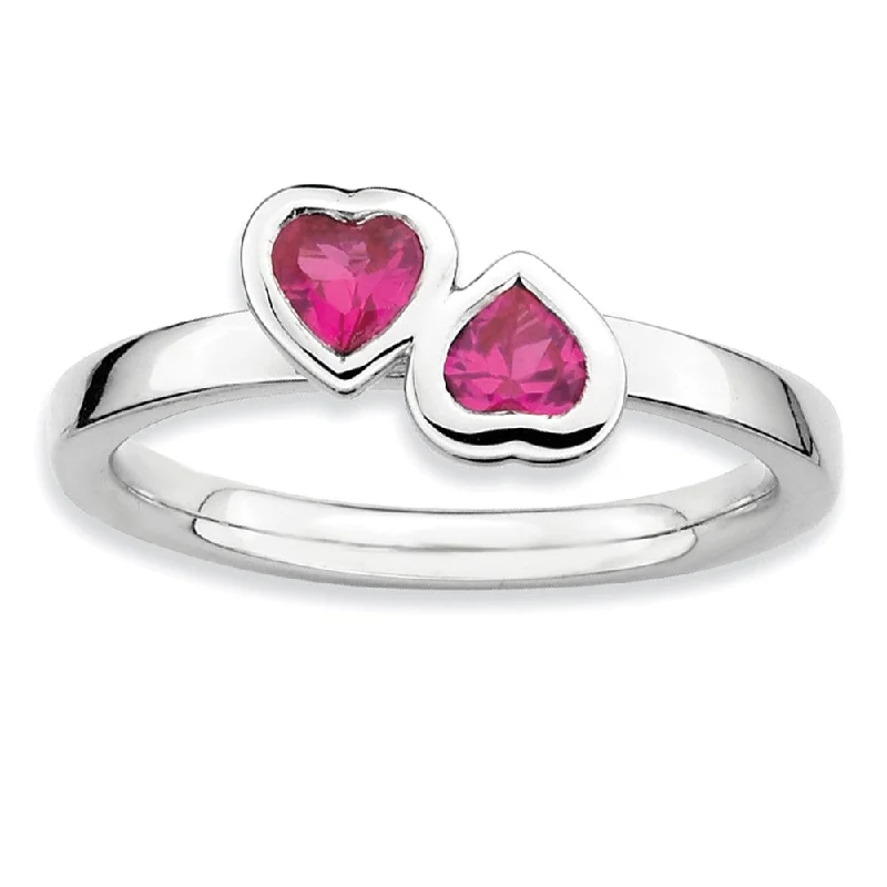 Ladies rings couple sets-Sterling Silver Stackable Double Heart Created Ruby Ring