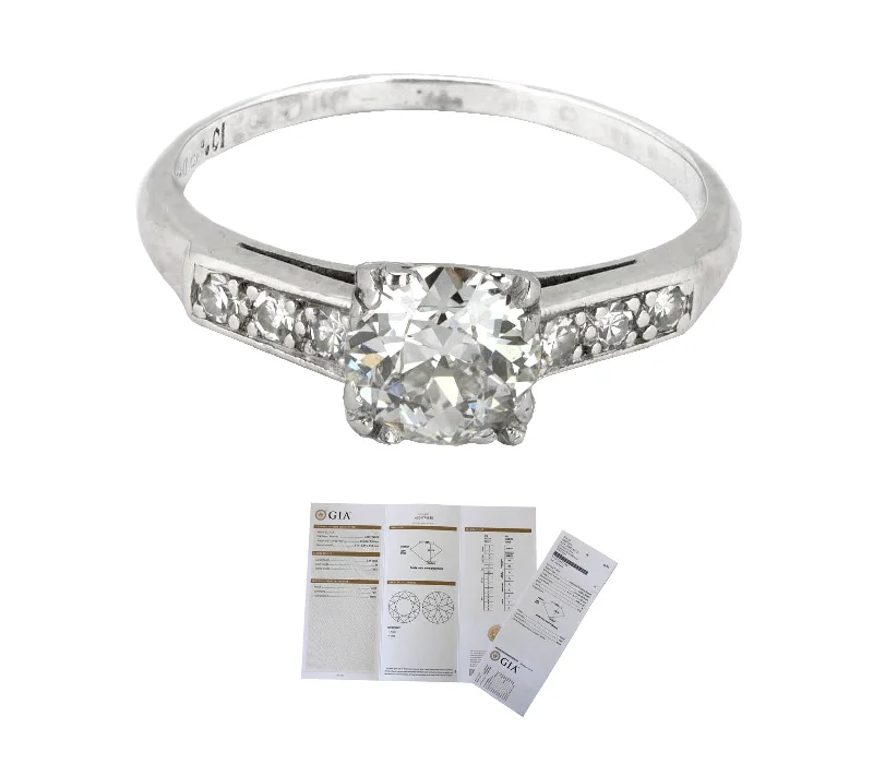 Ladies engagement rings global appeal-Antique Art Deco Platinum 0.89 CT Circular Brilliant Diamond Engagement Ring GIA