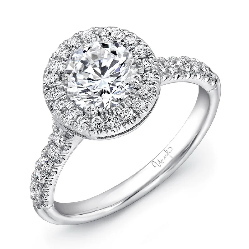 Ladies engagement rings small diamonds-Uneek Classic Round Diamond Halo Engagement Ring with U-Pave Upper Shank