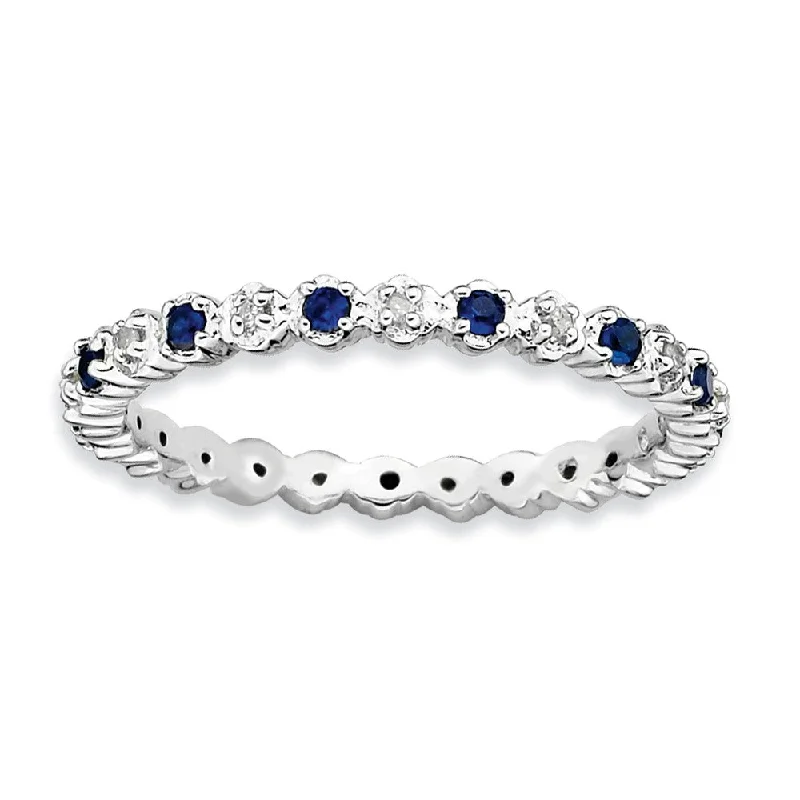 Ladies rings birthday presents-2.25mm Stackable Created Sapphire & .04 Ctw HI/I3 Diamond Silver Band