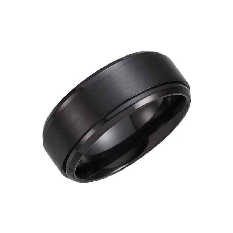 Ladies rings thumb designs-9mm Black Titanium Ridged & Beveled Edge Comfort Fit Band