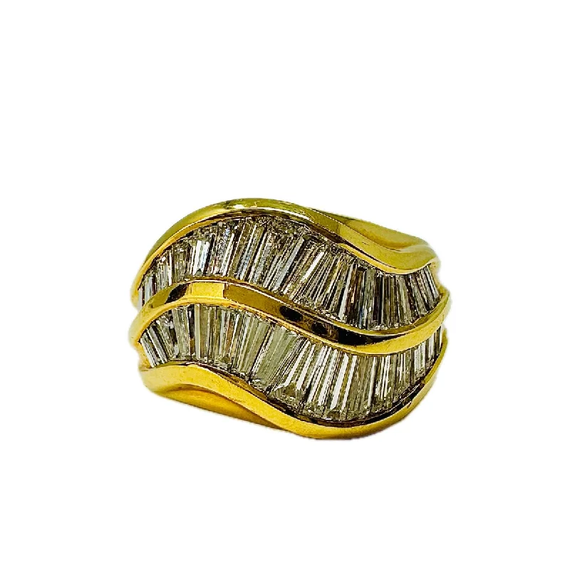 Ladies rings engagement choices-Nino Verita 18K Gold Wavy Ring with 2 Rows of Baguette Diamonds