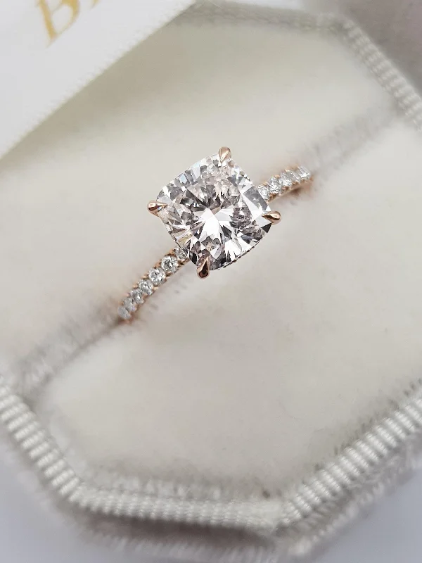 Ladies engagement rings elegant classics-2 Carats Cushion Cut Micropave Side Stones Hidden Halo Diamond Engagement Ring