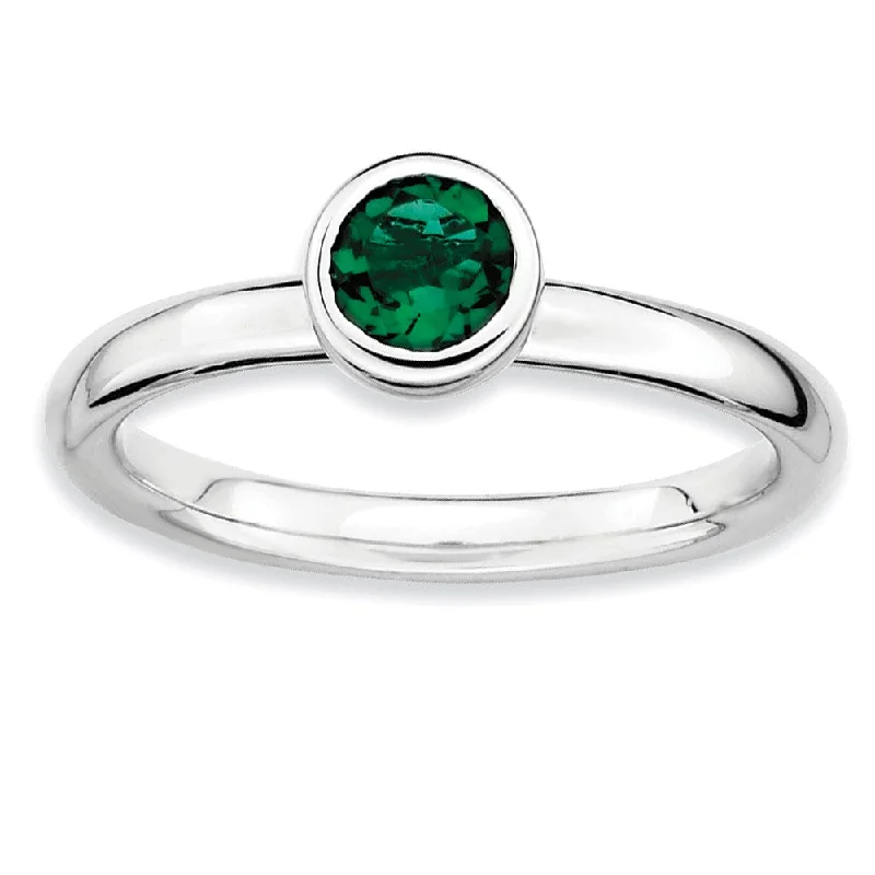 Ladies rings elegant styles-Stackable Low Profile 5mm Created Emerald Silver Ring