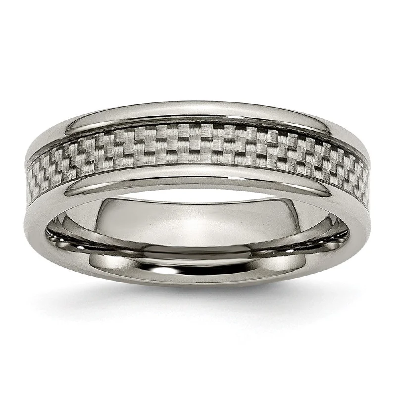 Ladies rings sister sets-6mm Polished Titanium and Gray Carbon Fiber Comfort Fit Band