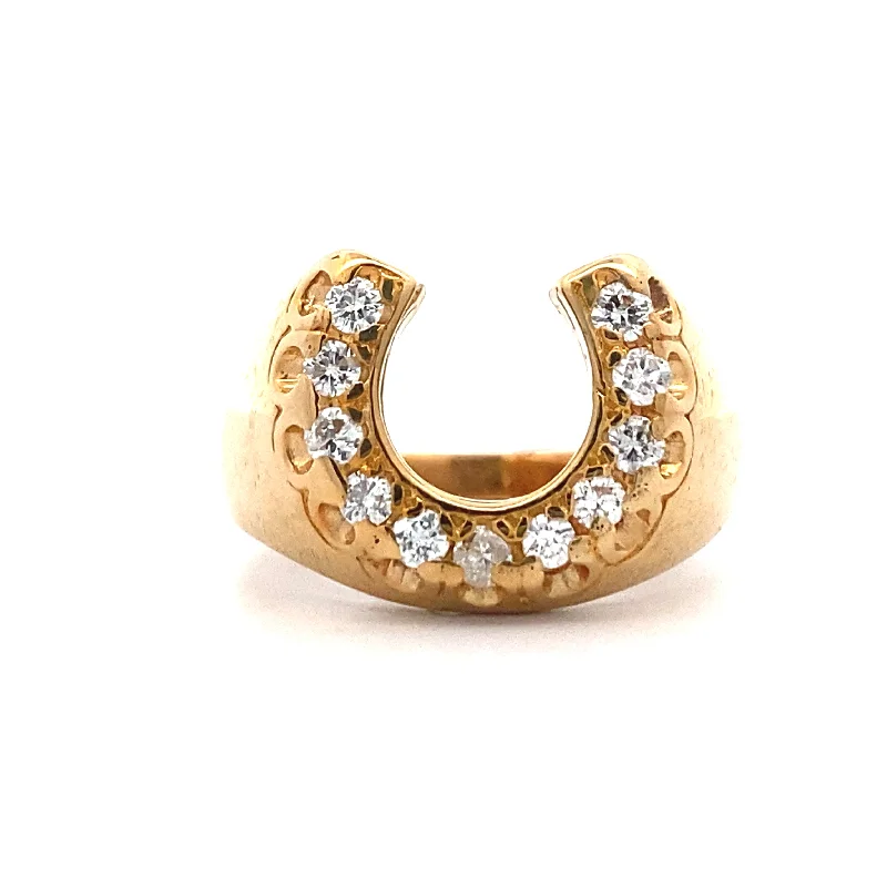 Ladies rings latest styles-Estate Mens DIamond Horseshoe Ring in Yellow Gold