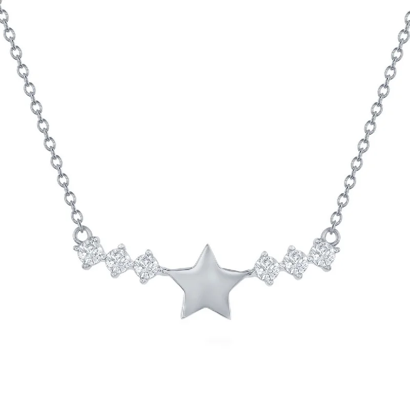 Ladies necklaces faux jewels-Classic Women's Necklace - Sterling Silver Star with CZ Sides Bar | M-6887