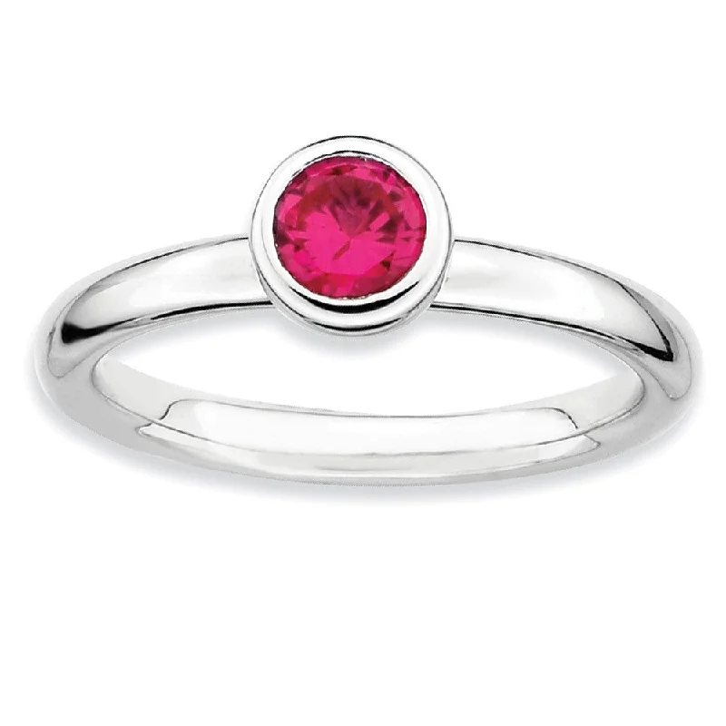 Ladies rings diamond accents-Stackable Low Profile 5mm Created Ruby Sterling Silver Ring