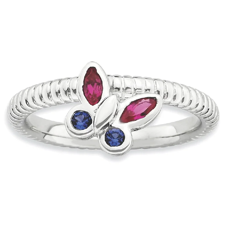 Ladies rings luxurious designs-Sterling Silver Stackable Created Ruby Created Sapphire Butterfly Ring