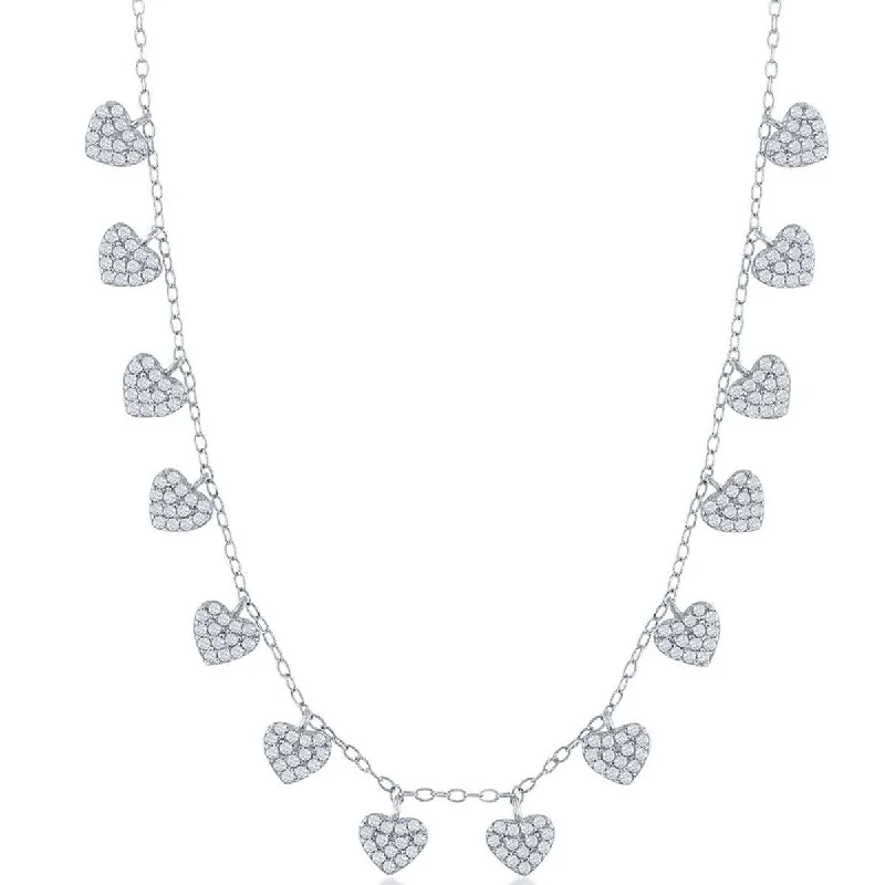 Ladies necklaces ruby pendants-Classic Women's Necklace - Sterling Silver Dangling CZ Hearts | M-6816