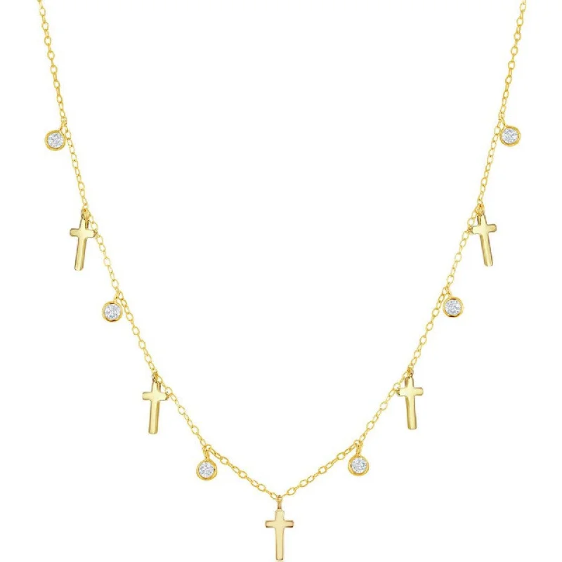 Ladies necklaces winter styles-Classic Women's Necklace - Alternating GP Cross and Bezel-Set CZ | M-6802-GP