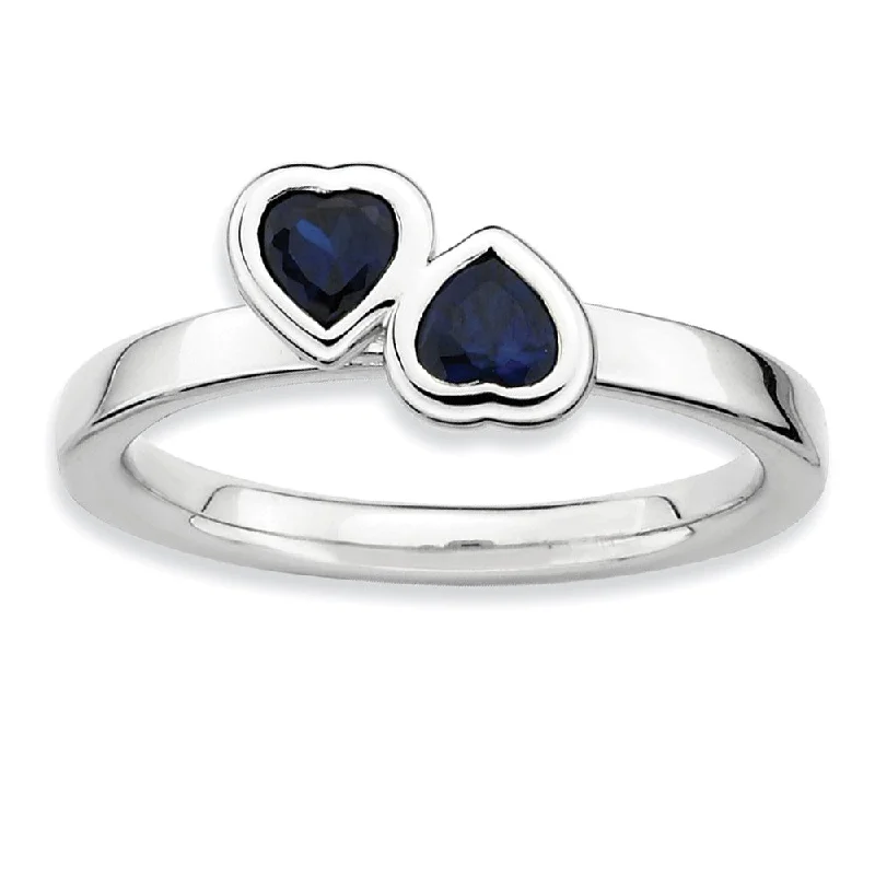 Ladies rings sterling silver-Sterling Silver Stackable Double Heart Created Sapphire Ring