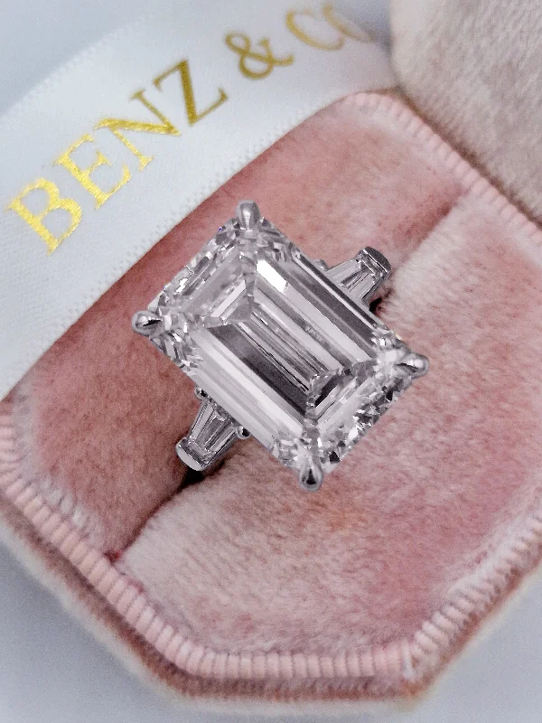 Ladies engagement rings bezel settings-13.60 Carats Lab Grown Emerald Cut with Tapered Baguette Side Stones Diamond Engagement Ring