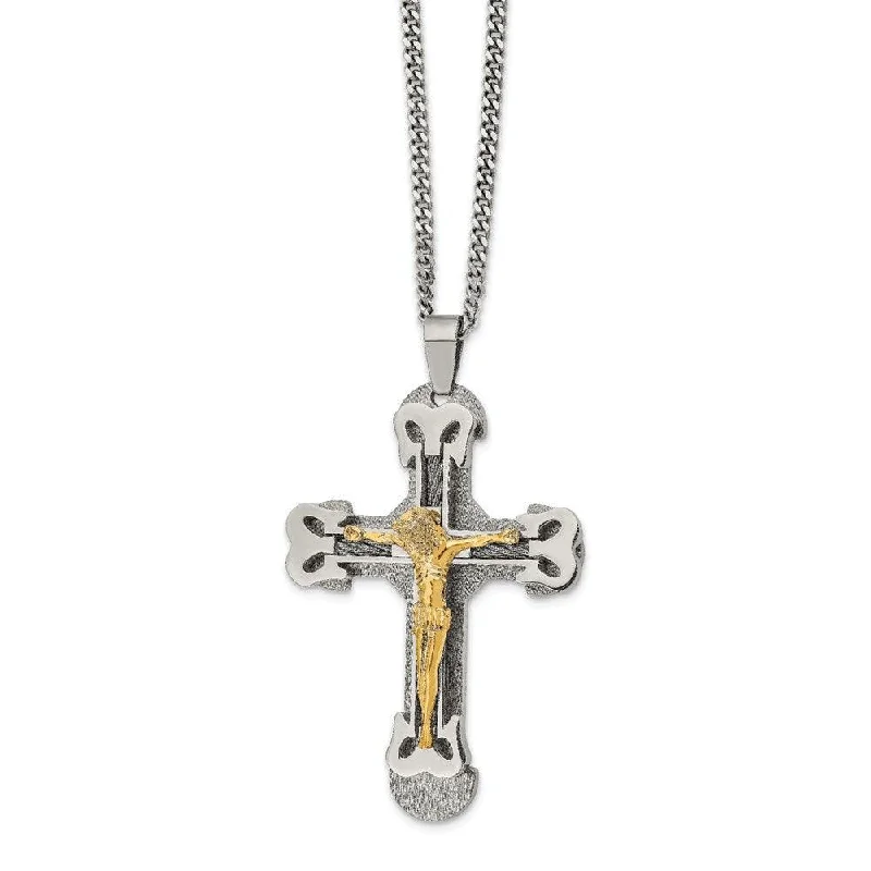 Ladies necklaces perfect gifts-Stainless Steel Gold IP w/ Brushed & Polished Cable Cross Necklace