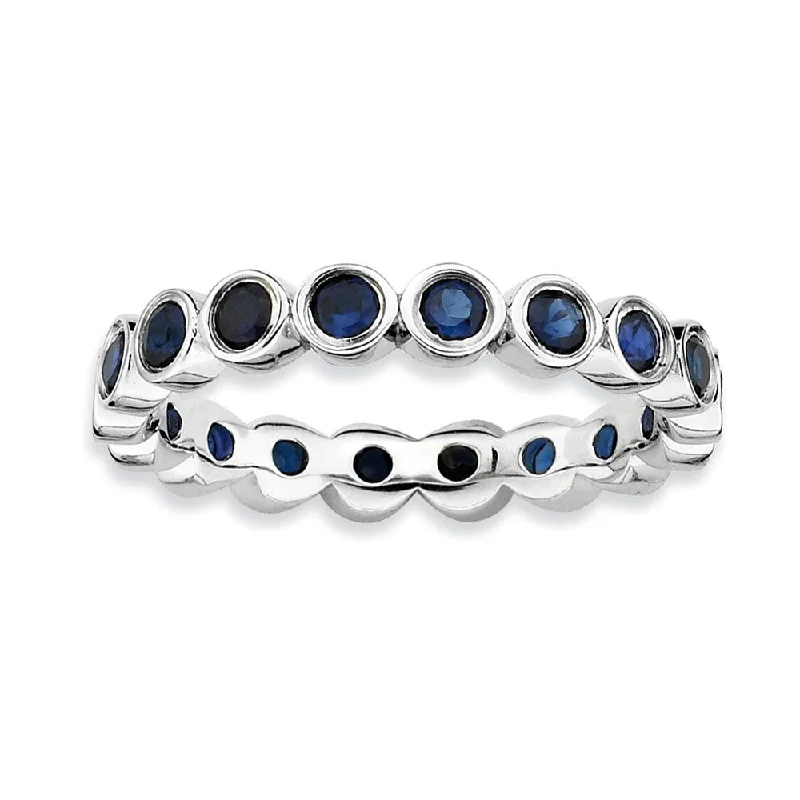 Ladies rings vintage appeal-Sterling Silver Stackable Bezel Set Created Sapphire 3.5mm Band