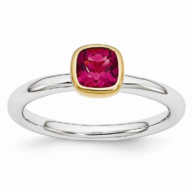 Ladies rings sapphire stones-Two Tone Sterling Silver Stackable 5mm Cushion Created Ruby Ring