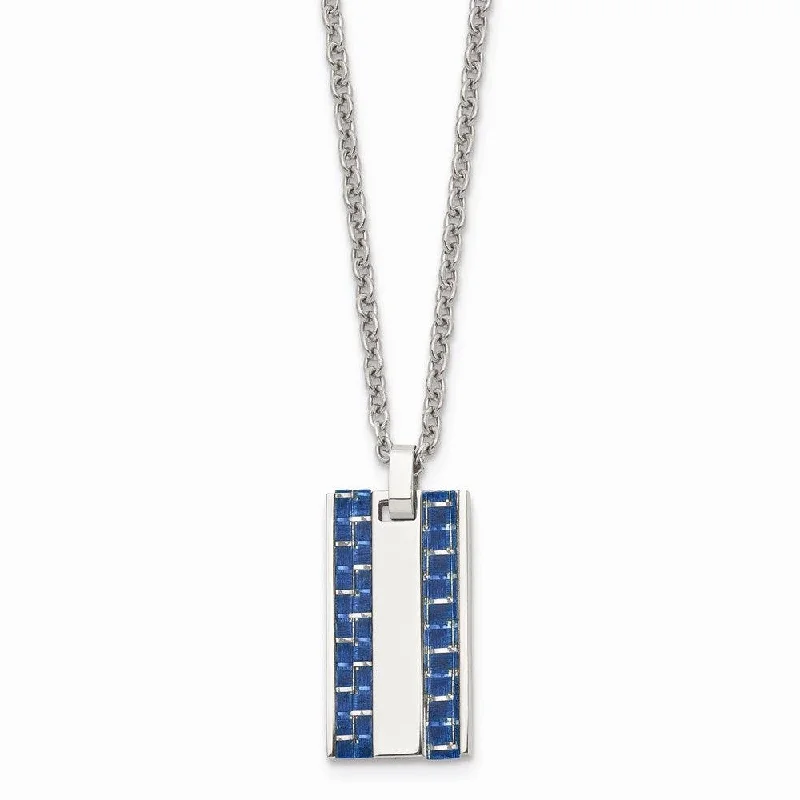 Ladies necklaces subtle luxury-Stainless Steel Polished w/ Blue Carbon Fiber Inlay Small Dogtag Necklace