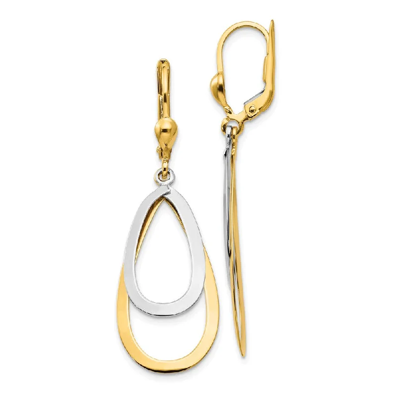 Ladies earrings floral accents-Double Teardrop Lever Back Earrings in 14k Yellow and White Gold