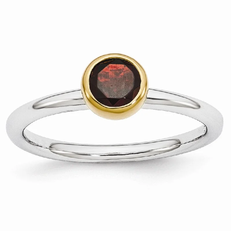 Ladies rings classic designs-Two Tone Sterling Silver Stackable 5mm Round Garnet Ring