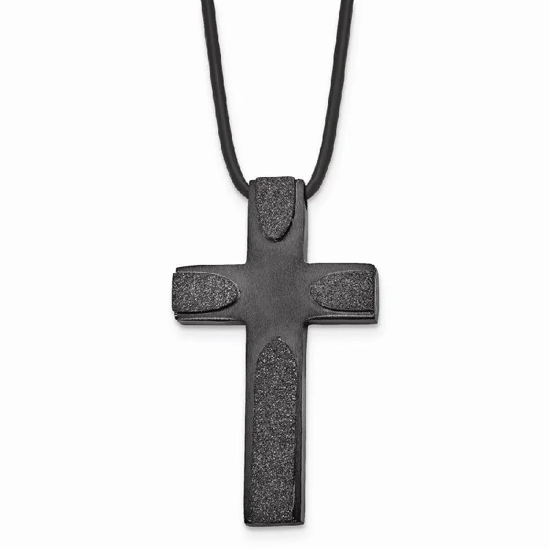 Ladies necklaces value pieces-Stainless Steel Brushed LaserCut Blk IP Cross w/Leather Cord Necklace