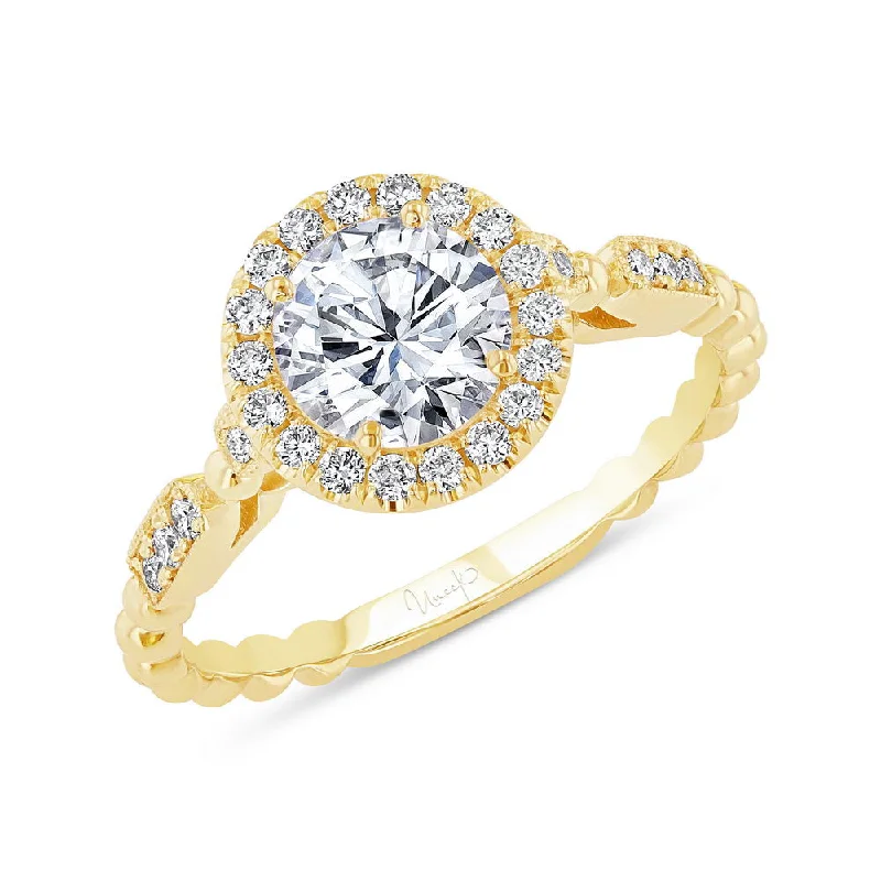 Ladies engagement rings viral styles-Uneek Us Collection Round Diamond Halo Engagement Ring, with High Polish Bead Accents and Milgrain-Trimmed Pave Bars