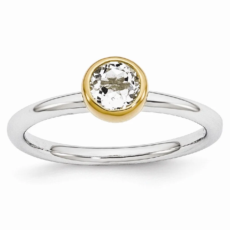 Ladies rings designer brands-Two Tone Sterling Silver Stackable 5mm Round White Topaz Ring