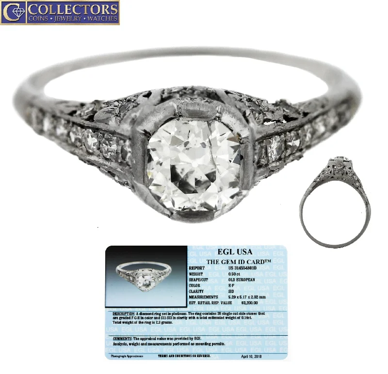 Ladies engagement rings sizing tips-Ladies Antique Art Deco Platinum 0.64ctw Diamond Filigree Engagement Ring EGL