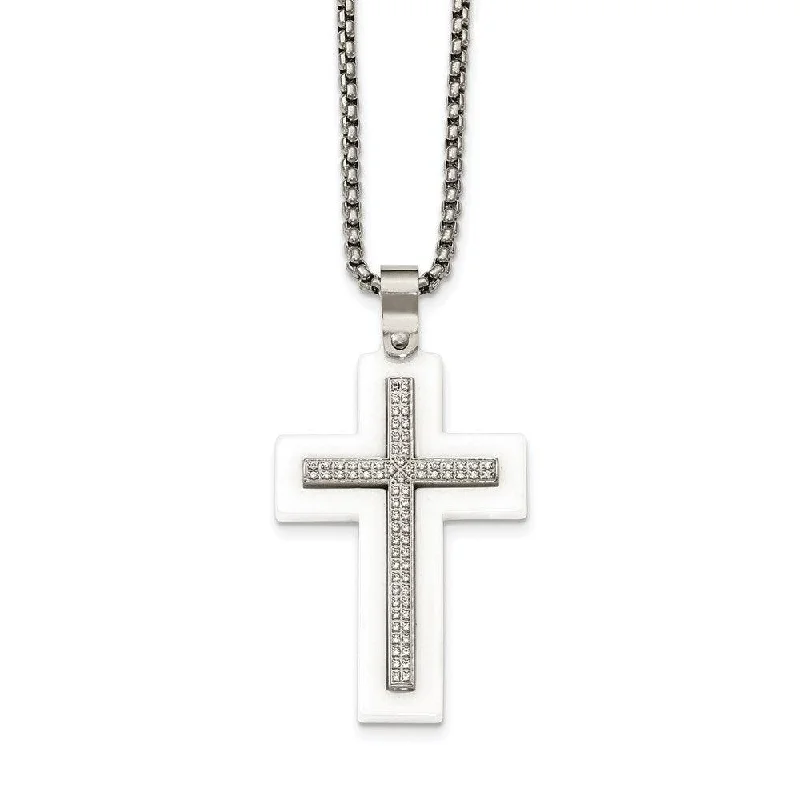 Ladies necklaces name engravings-Stainless Steel Polished White Ceramic Cross CZ 23.75in Necklace