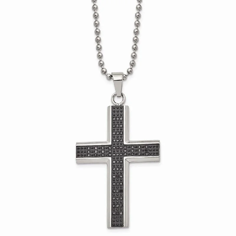 Ladies necklaces wedding essentials-Stainless Steel Polished Black Rhodium Black Diamond Cross Necklace