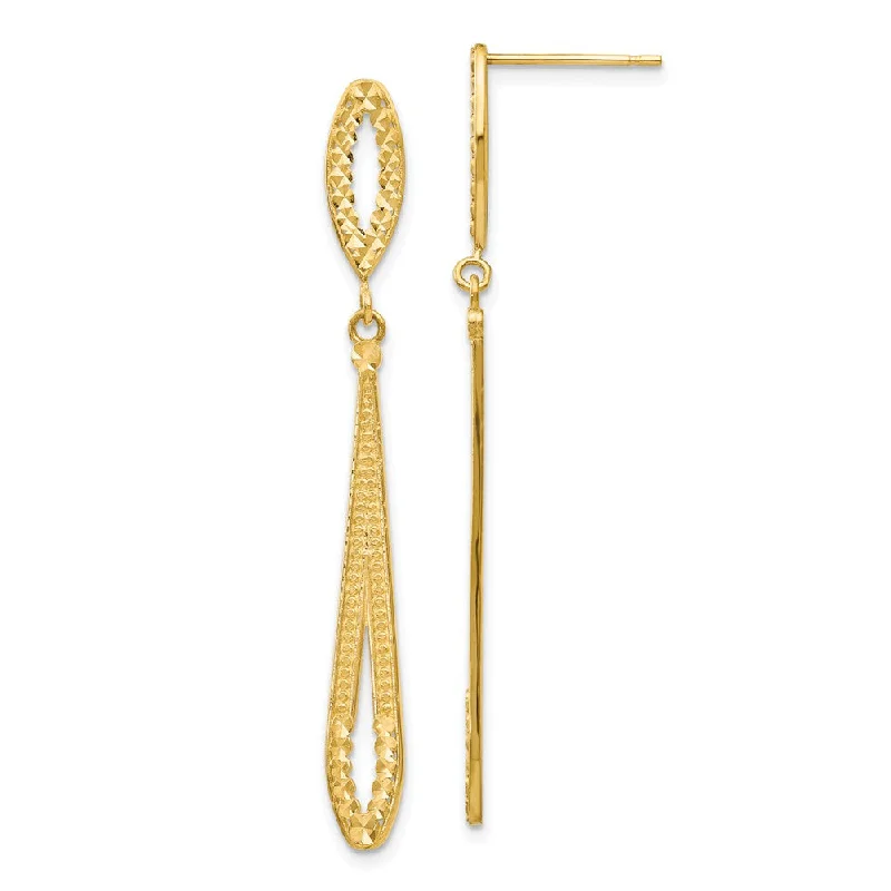 Ladies earrings partner gifts-Long Textured and Diamond-cut Dangle Post Earrings in 14k Yellow Gold