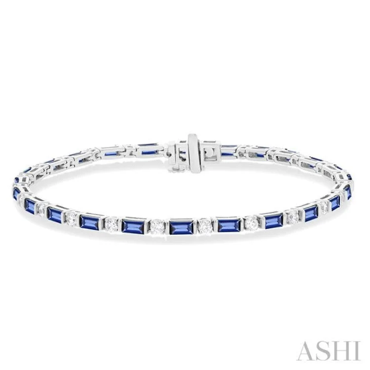 Ladies bracelets work wear-1 1/10 ctw Art Deco 4X2MM Baguette Cut Sapphire and Round Cut Diamond Precious Tennis Bracelet in 14K White Gold