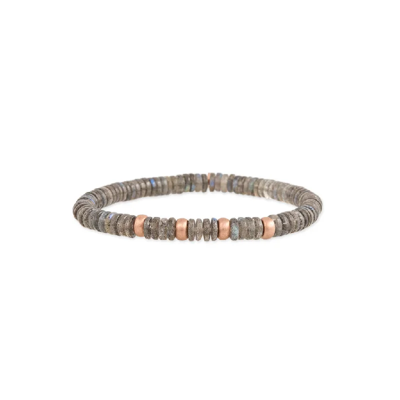 Ladies bracelets trending styles-4 SPACED OUT GOLD BEADS + LABRADORITE BEADED STRETCH BRACELET