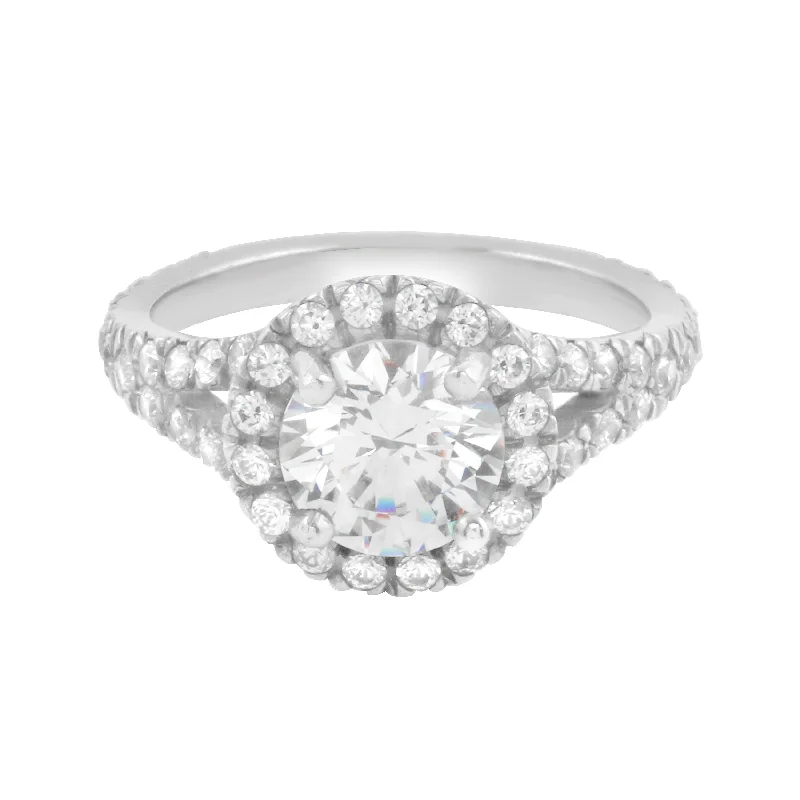 Ladies engagement rings online shops-Round Diamond Halo Split Shank Engagement Ring