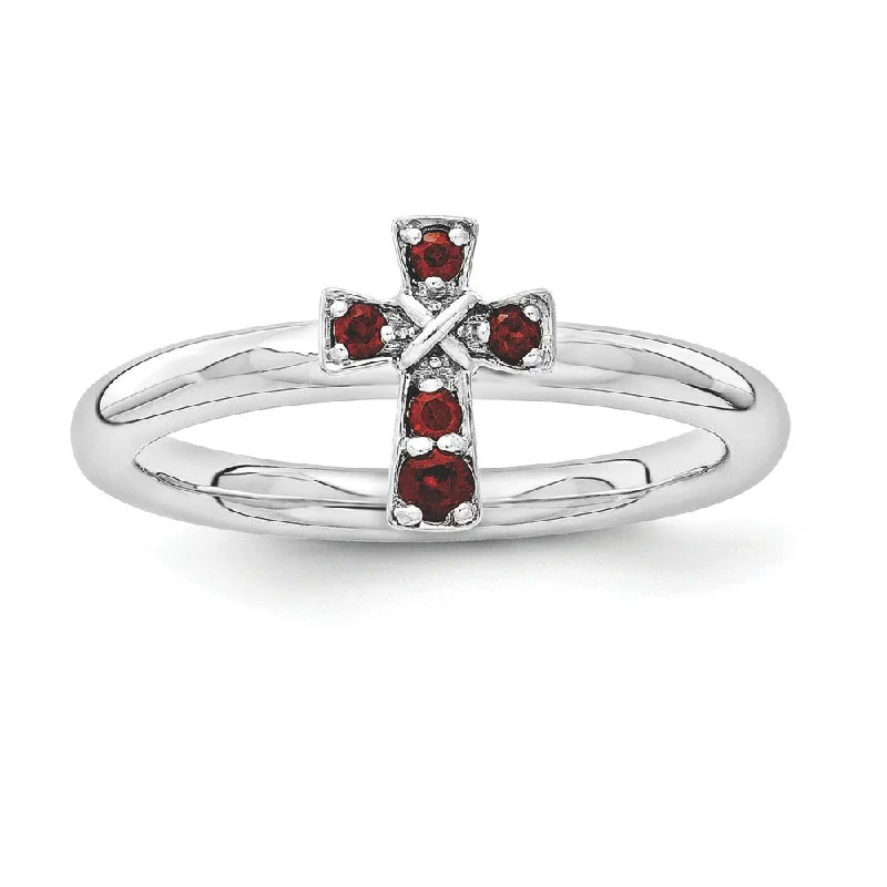 Ladies rings punk flair-Rhodium Plated Sterling Silver Stackable Garnet 9mm Cross Ring