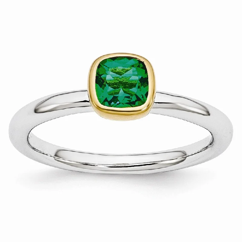 Ladies rings Valentine’s Day-Two Tone Sterling Silver Stackable 5mm Cushion Created Emerald Ring