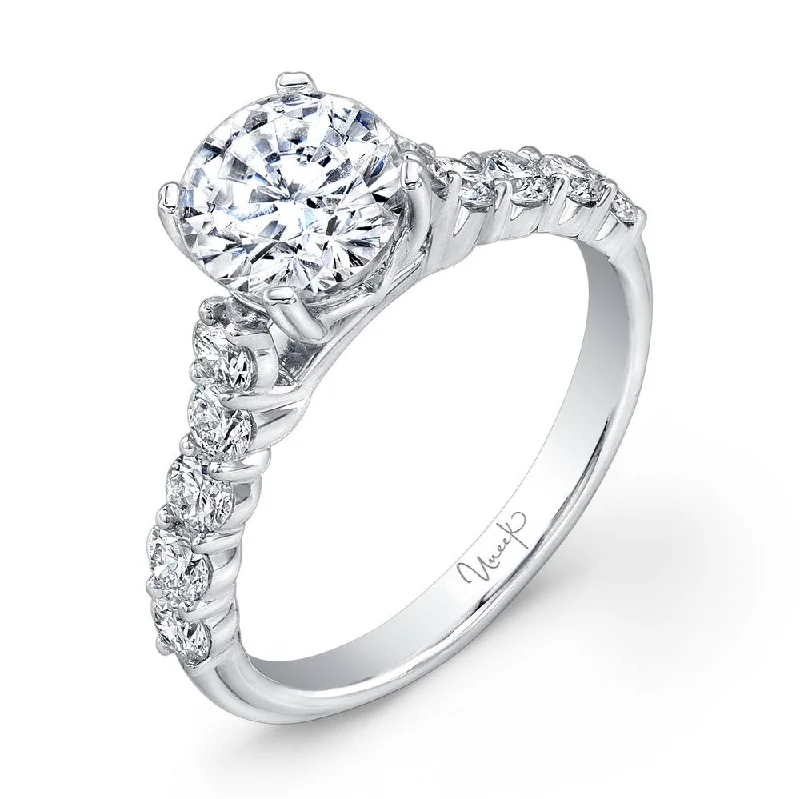 Ladies engagement rings world brands-Uneek Round Diamond Engagement Ring with Medium-Sized Melee Diamonds Shared-Prong Set on Upper Shank